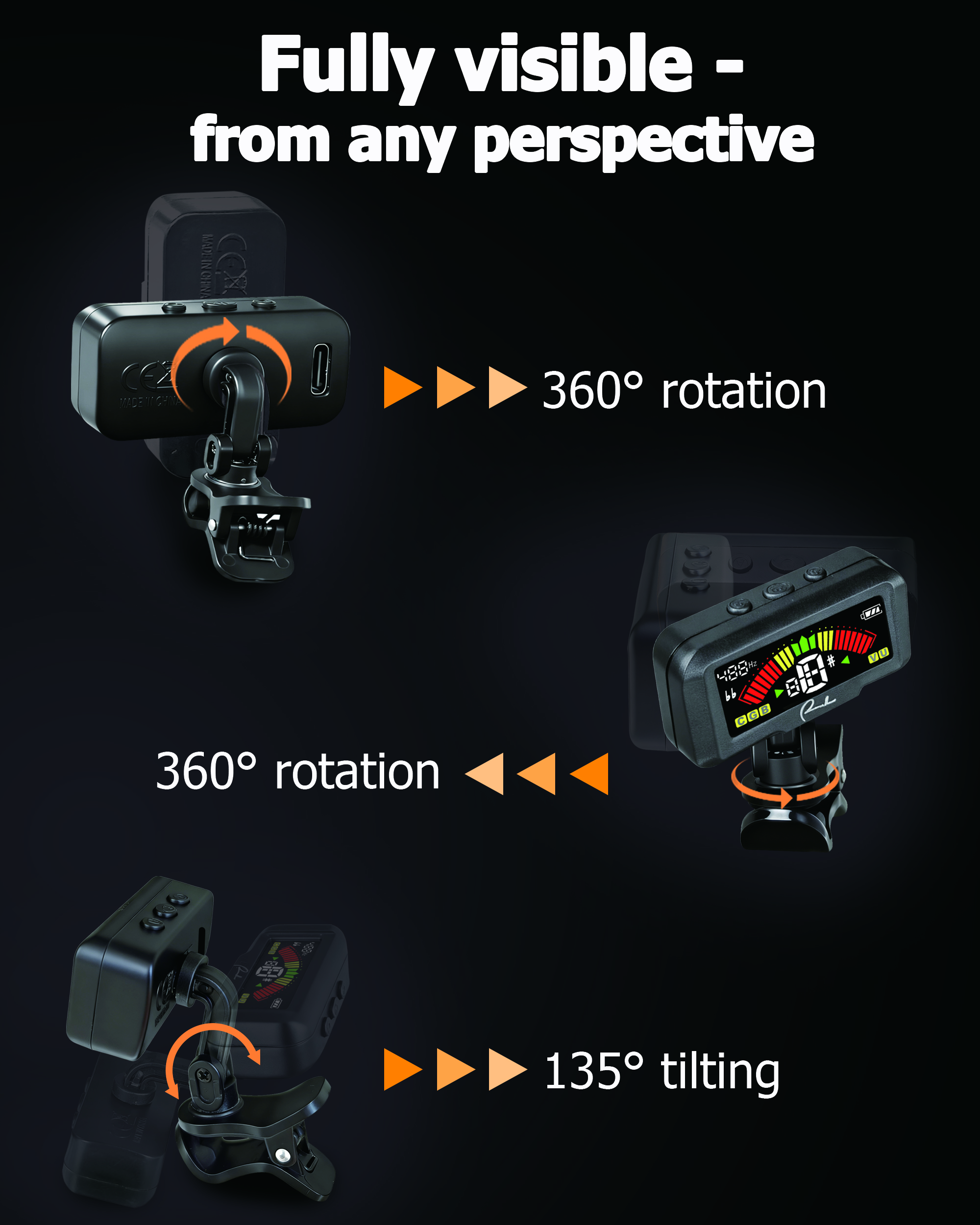 Ranch Rechargeable Guitar Tuner Clip On Tuner for Acoustic Electric Guitar Ukulele, Violin, Bass with Chromatic Tuning Mode