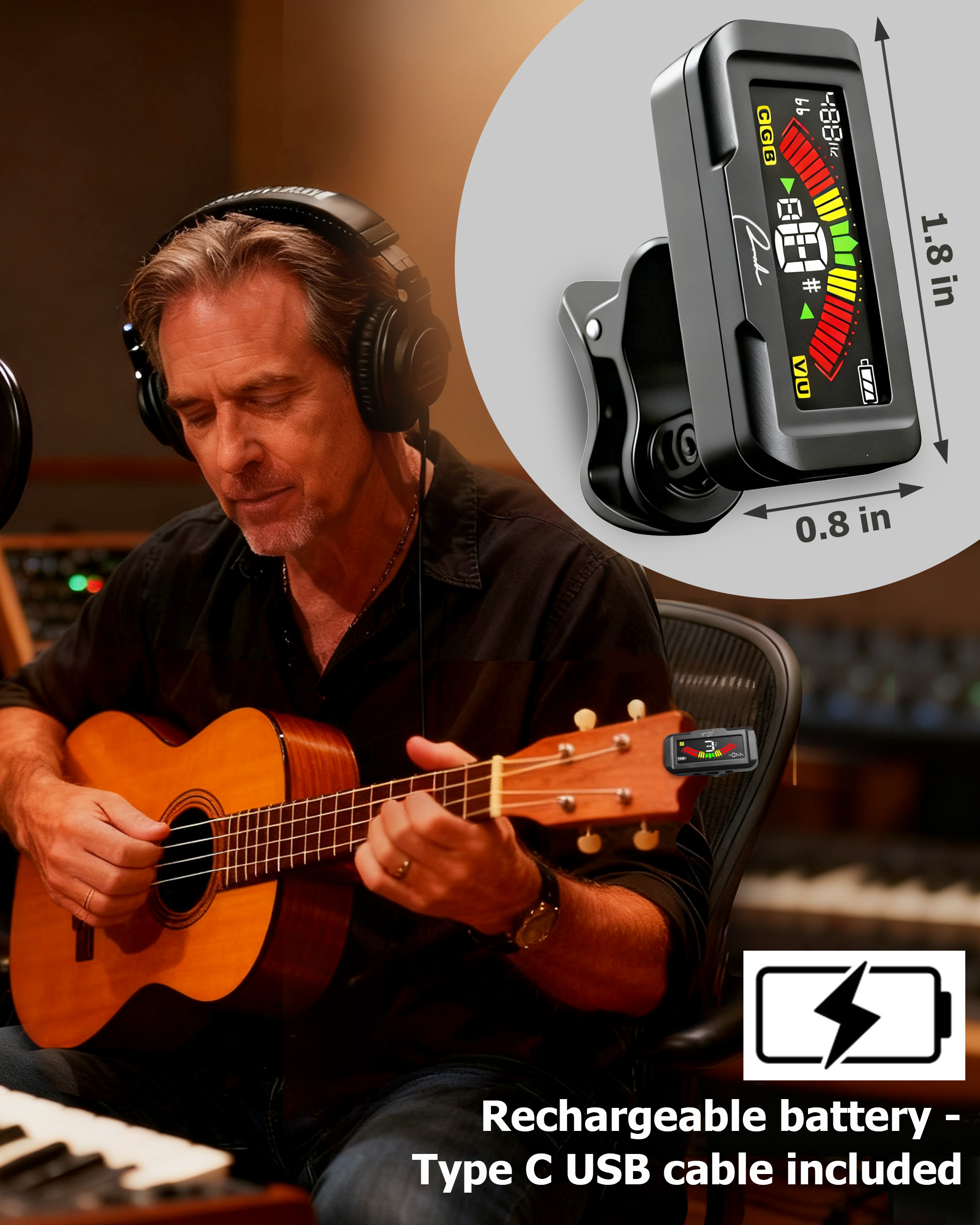 Ranch Rechargeable Guitar Tuner Clip On Tuner for AcousticElectric Guitar, Ukulele Violin, Bass Chromatic Tuning Mode