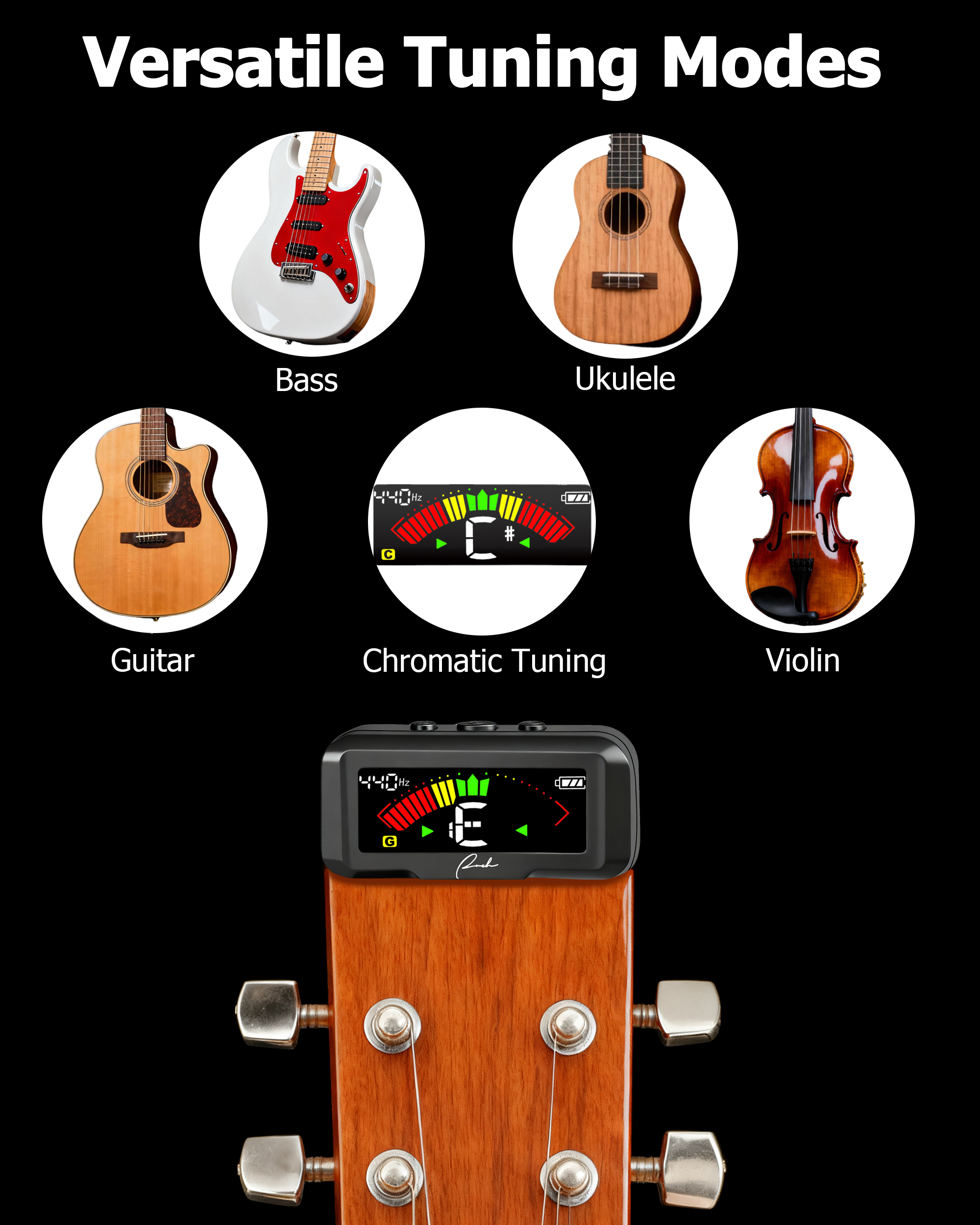 Ranch Rechargeable Guitar Tuner Clip On Tuner for AcousticElectric Guitar Ukulele, Violin, Bass Chromatic Tuning